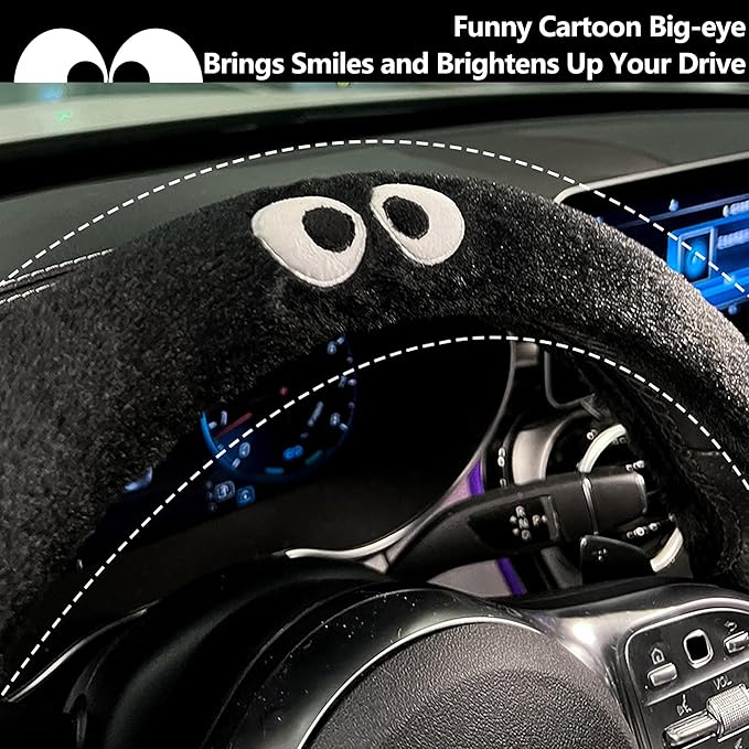 Car Headrest Pillow & Steering Wheel Cover Set with Cute Big-Eyed Furball Travel Neck Support Pillow Fur Car Interior Accessory (Black 5Pcs Set)