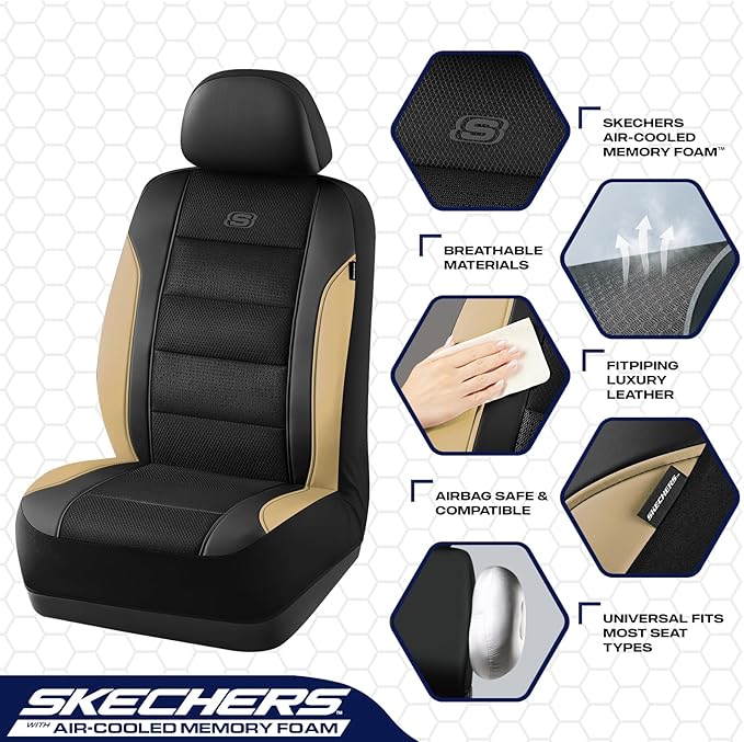 Skechers Aircooled & Memory Foam Seat Covers,Premium Leather with EVA Mesh Car Seat Covers,Seat Cover Full Sets,Airbag Compat