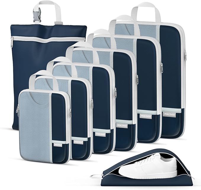 Percover Compression Packing Cubes 8-Piece Set, Packing Cubes Compression for Travel with Laundry Bag & Shoe Bag, Travel Orga
