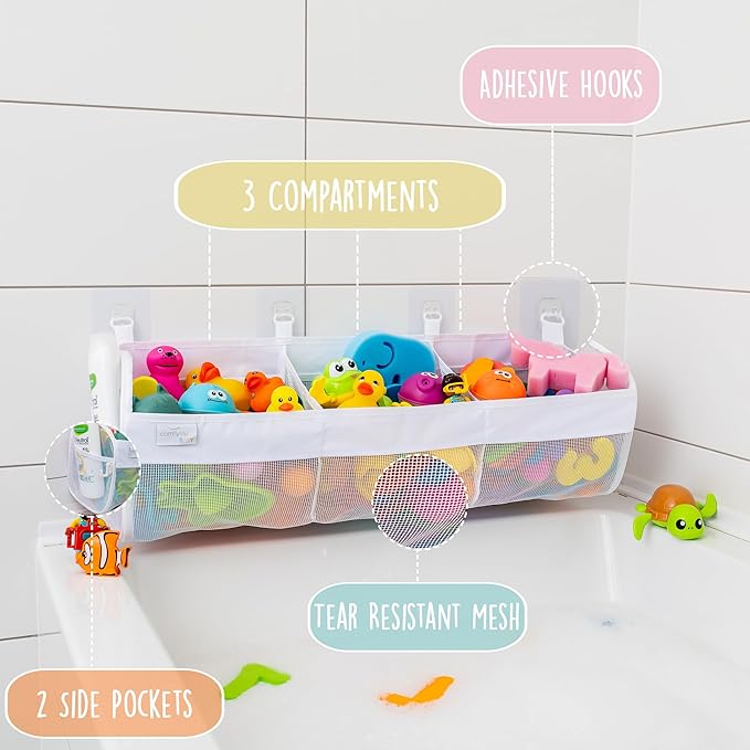 Comfylife Large Bath Toy Organizer – 3 Compartment Bath Toy Holder for Bathtub & Shower – Quick-Dry Mesh with 4 Strong Adhesi