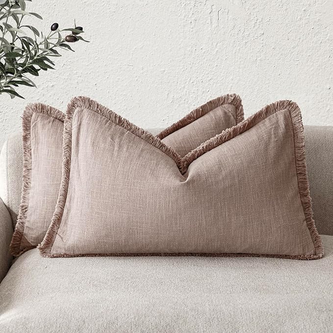 Foindtower Set of 2 Decorative Linen Fringe Lumbar Throw Pillow Covers Farmhouse Cushion Cover with Tassels Soft Accent Pillo