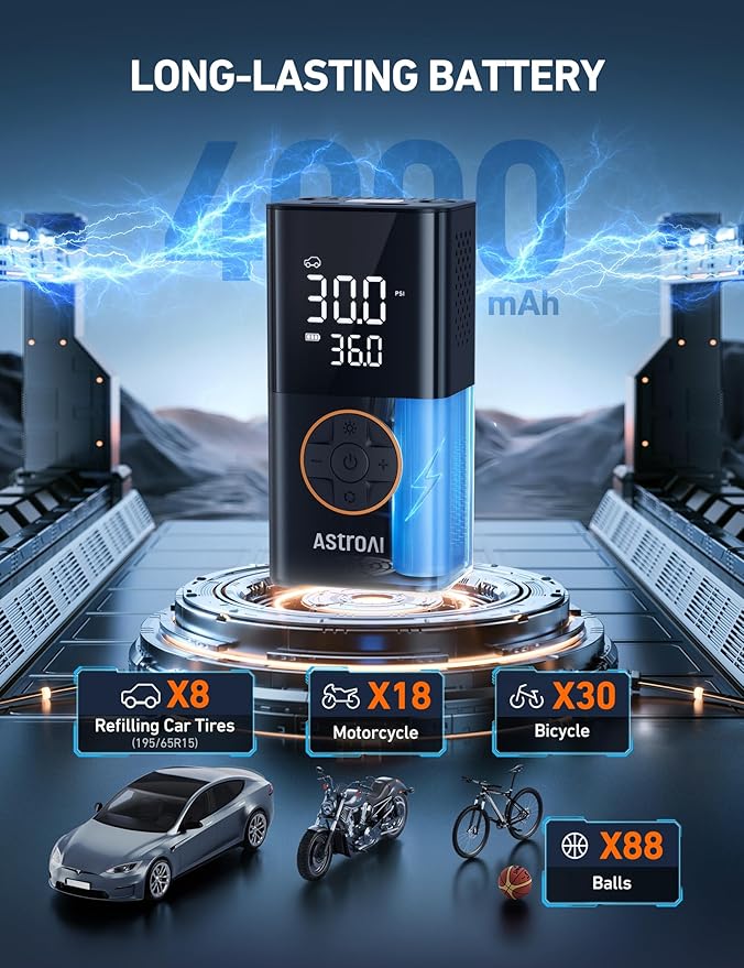 AstroAI L7 Tire Inflator Portable Air Compressor Cordless Mini Bike Pump with Digital Dual Values Display, 150 PSI Car Tires Air Pump with LED Lights&Pressure Gauge for Auto, Motorcycles, Bikes, Balls