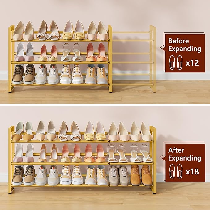 FAVOOSTY 3-Tier Expandable Shoe Rack, Adjustable Shoe Shelf Storage Organizer Space Saving Metal Free Standing Shoe Rack for 