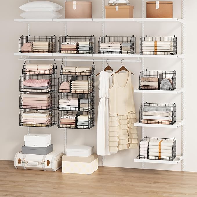 SWTYMIKI Hanging Closet Organizer Storage - 4 Tier Metal Stackable Hanging Closet Shelves with Dividers and S Hooks, Foldable