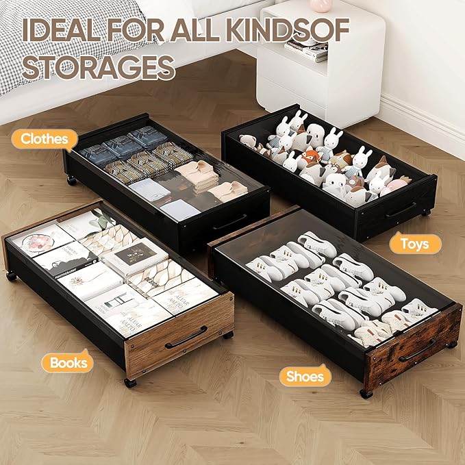 KITHELP Wooden Under Bed Storage with Wheels, Rolling Under the Bed Storage Bins with Removable Lid, Metal Under Bed Drawers 