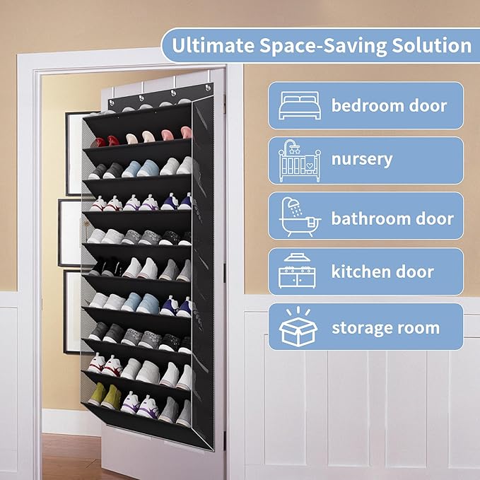 TAHAVICE 10-Tier Large Size Over The Door Shoe Organizer, Holds 30 Pairs Hanging Shoe Rack with Deep Pockets for Closet, Spac