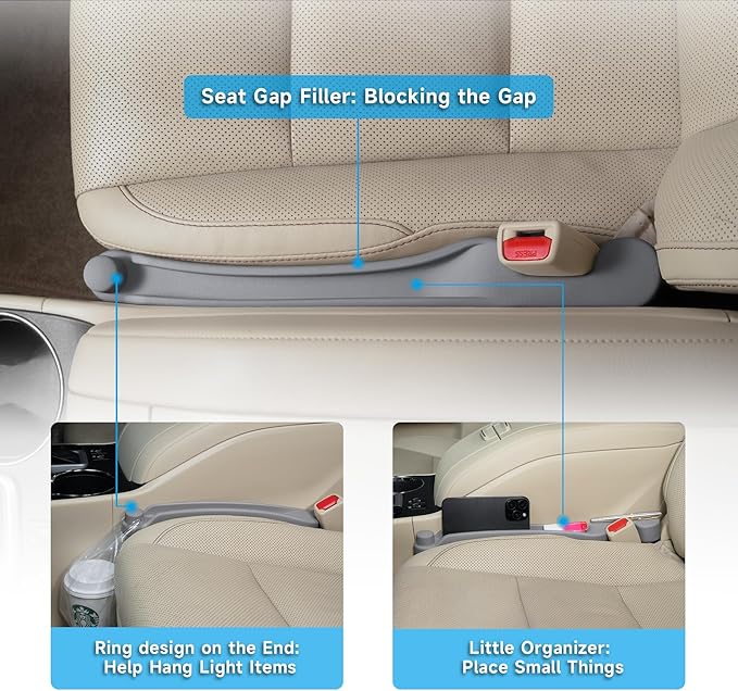 Car Seat Gap Filler Set of 2, 3IN1 Seat Side Gap Filler Plug with Storage Slot & Hook Function, Soft Foam Universal Fit Car SUV Truck Fill Gap Between Seats Console Organizer（Standard L Gray）