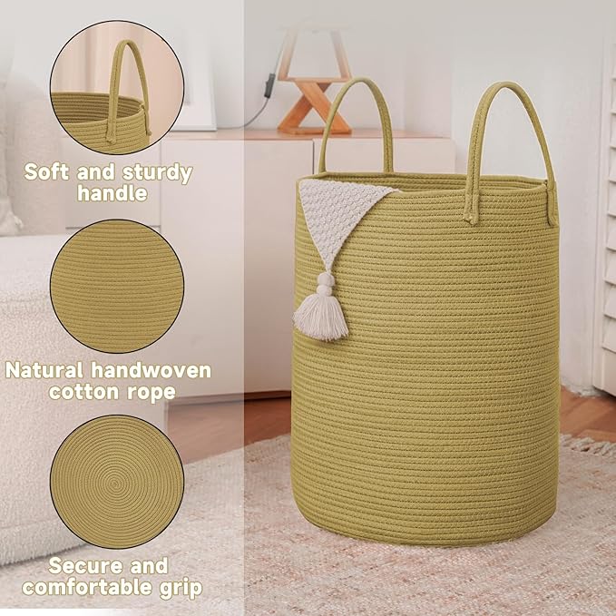 JMvicyroam Large Woven Laundry Basket Hamper,80L Cotton Rope Storage Bin for Blankets,Toys and Clothes,Decorative Tall Nurser