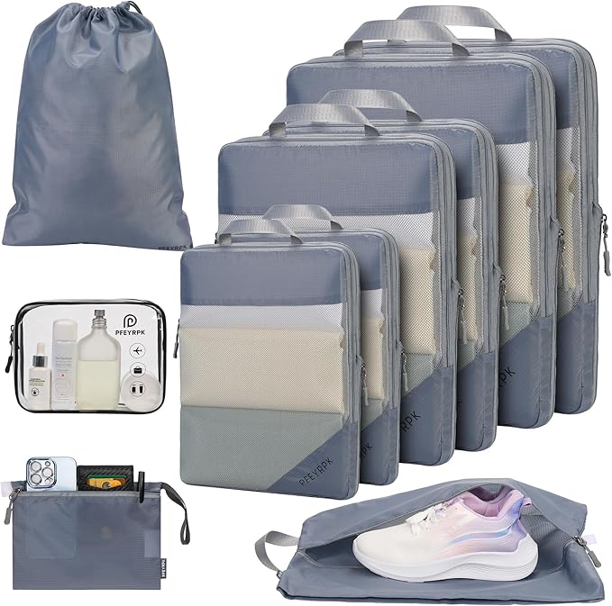 PFEYRPK Lightweight Compression Packing Cubes for Suitcases, Compressible Expandable Travel Packing Organizer with Clear Toil