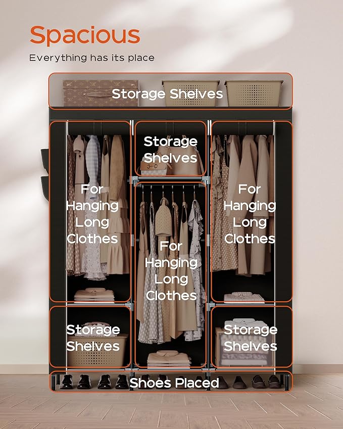 CASAMAYA Portable Closet, 51.2 Inch Large Capacity Wardrobe Closet with Cover, Clothes Storage Organizer with Shelves and 3 H