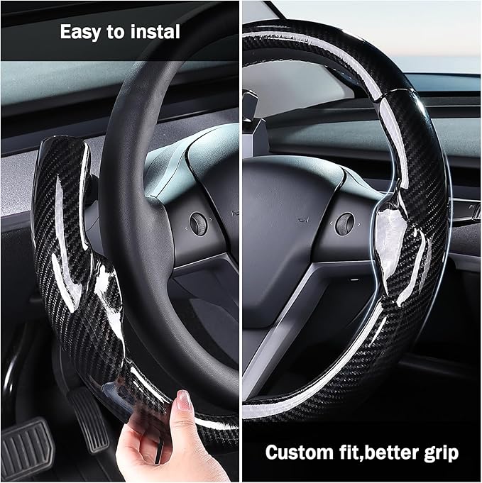 Steering Wheel Cover for 2017-2023 Tesla Model 3 2020-2024 Tesla Model Y, Carbon Fiber Steering Wheel Cover for Tesla Model 3/Y Accessories, Glossy Black