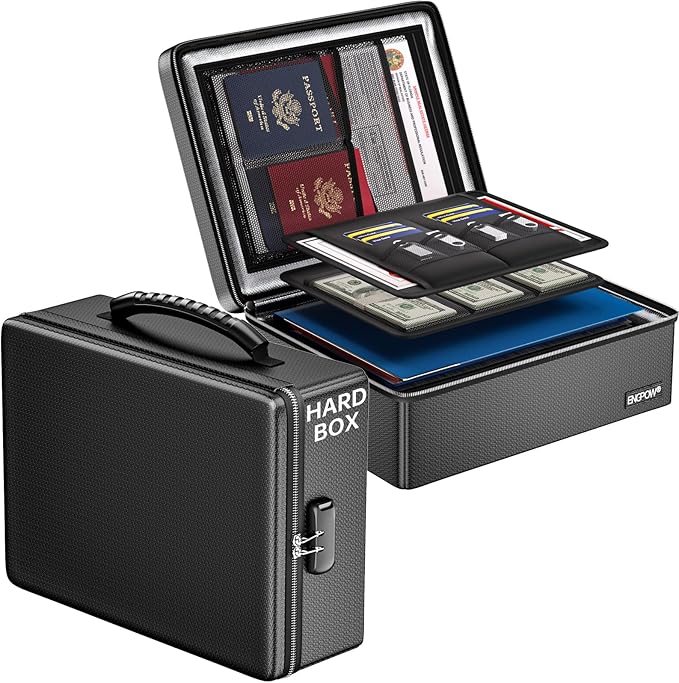 ENGPOW Fireproof Document Box, Hard Case File Box with Fireproof Zipper＆Lock, 6400°F Heat Insulated Fire and Water Resistant 