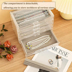 5 Drawerss Necklace Organizer Box, Tray with Clear Lid, Dustproof Velvet Necklaces Holder Storage Display Case, Gery Necklace