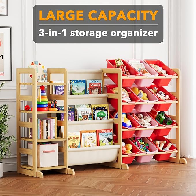 SpaceAid 3-in-1 Toy Storage Organizer with 4 Shelves and 12 Bins, Toy Organizers Storage 3-Tier Bookshelf, Kids Bin Shelf Box