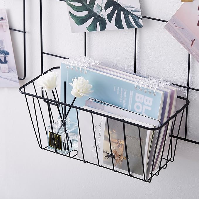2 Pack Large Grid Wall Baskets with S-Hook - Gridwall Accessories Set Black Metal Hanging Shelf Basket Bins Organizer - Modul