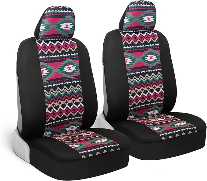 BDK Pink Inca Car Seat Covers for Front Seats, 2 Pack– Geometric Print Front Seat Cover Set with Matching Headrest, Sideless 