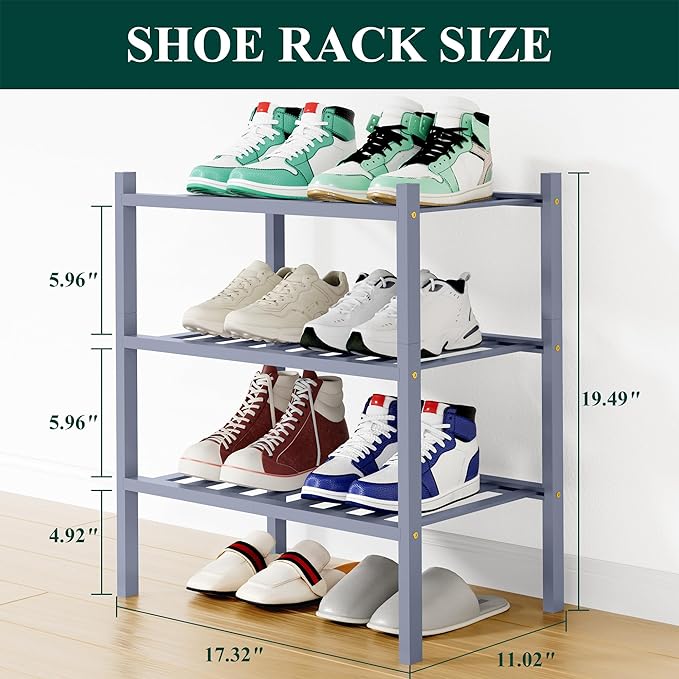 Smiry Shoe Rack, 3 Tier Small Bamboo Shoe Organizer, Stackable Free Standing Wooden Shoe Storage Shelf for Closet, Entryway, 