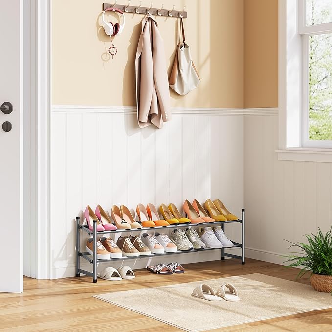 Tajsoon 2 Tier Expandable Shoe Rack for Closet, 28“-41“Adjustable & Stackable Shoe Shelf Storage, Metal Shoe Rack Organizer f
