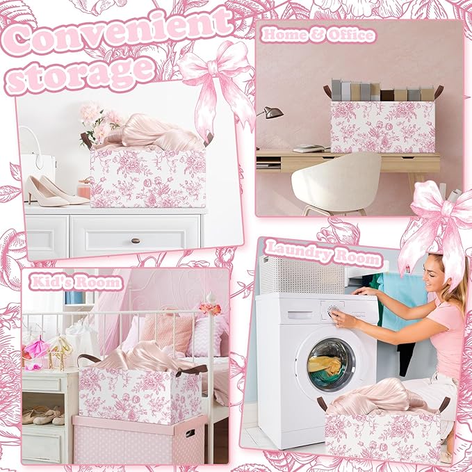 Boao 3 Pcs Pink Floral Foldable Storage Baskets Pink Hydrangea Laundry Basket with Handles Waterproof Storage Bins Fabric She