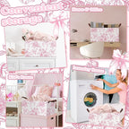 Boao 3 Pcs Pink Floral Foldable Storage Baskets Pink Hydrangea Laundry Basket with Handles Waterproof Storage Bins Fabric She
