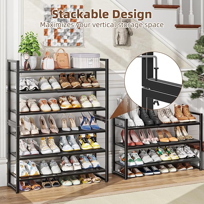 Simple Trending 3-Tier Expandable Shoe Rack, Adjustable & Stackable Shoe Organizer, Metal Mesh Free Standing Shoe Shelf Stora