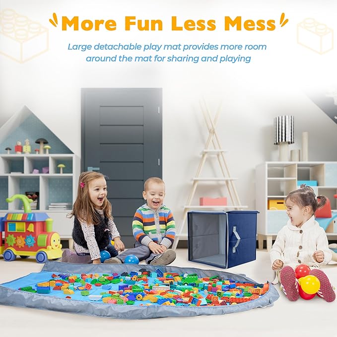 SAM AND MABEL Toy Storage Organizer with Play Mat for Kids – 13" x 13" x 13" Storage Box, Stackable and Foldable Cubby Basket