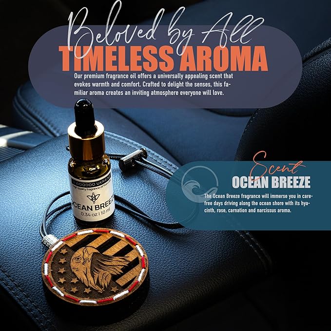 Handmade Wood Car Air Freshener — American Flag Designed Refillable Essential Oil Diffuser — Long Lasting Ocean Breeze Fragra