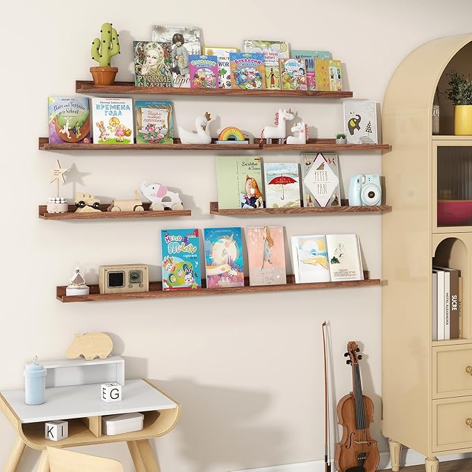 Fun Memories Picture Ledge Shelves Set of 2, 55 Inch Rustic Wall Mounted Floating Shelves with Lip for Home Storage and Décor