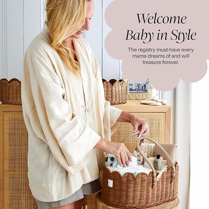 BEBE BASK Premium Baby Diaper Caddy Organizer - Handmade & Award-Winning Scalloped Rattan Basket - Luxury Diaper Caddy Basket