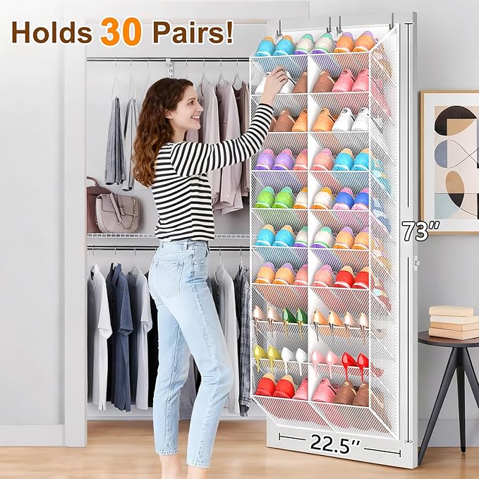 UVIAHOMI 30 Pairs Over the Door Shoe Organizer, Breathable Mesh Pocket Hanging Shoe Storage for Closet, 10-Tier Door Shoes Ra