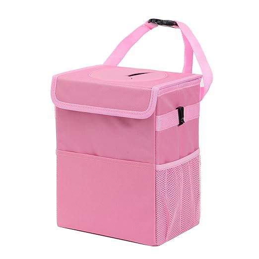 Car Garbage can with lid Leak Proof Vehicle Trash Can 3 Storage Pockets Hanging Waterproof car Trash Bag for SUV Pink