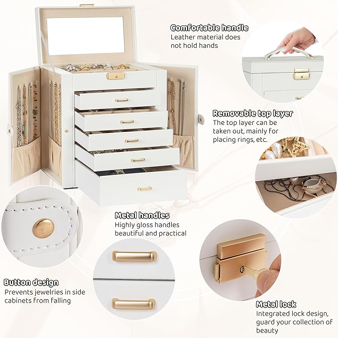 AKOZLIN Large 6-Tier Jewelry Box Lockable Leather Jewelry Storage Case with 5 Drawers for Women Girls Ring Necklace Earring B