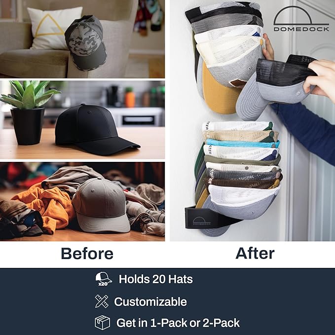 The ORIGINAL DomeDock! American, patented, Wall Mount Rack 20 Ball Cap Storage. Compact Hat Organization System. Made and Shi
