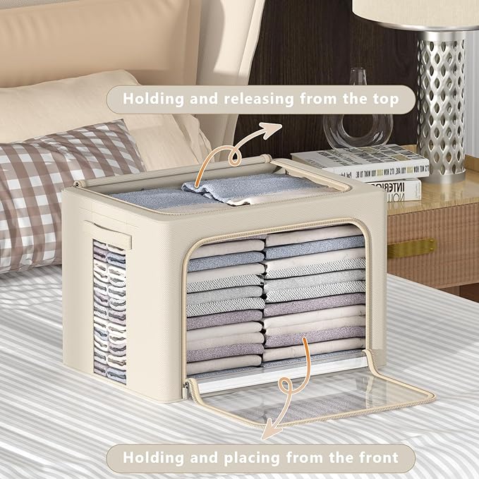 CYhom 4 Pack Clothes Storage Bins - Oxford Fabric Metal Frame Storage Box - Foldable Stackable Container Organizer Set with C