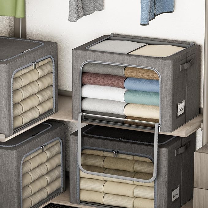 4 Pack Clothes Storage Bins with Metal Frame - 22L Stackable Storage Box with Lid，Foldable Storage Container Organizer for Cl