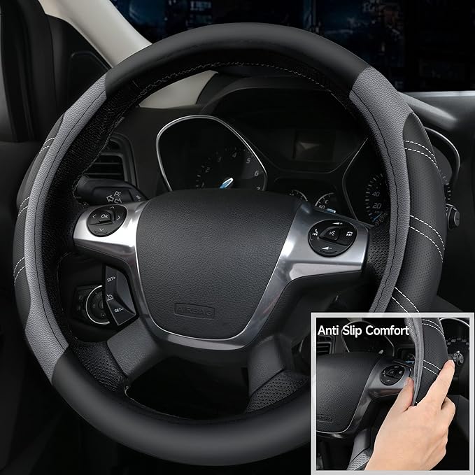CAR PASS Leather Steering Wheel Cover and Waterproof Car Floor Mats,Microfiber Universal Car Combo Fit for 95% Sedan,SUV,Cars