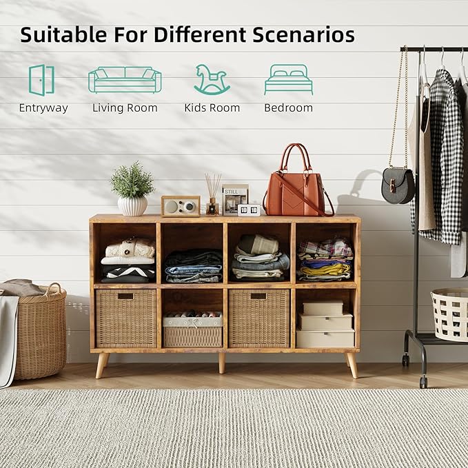Flrrtenv 8-Cube Bookshelf 2 Tier Retro Bookcase with Legs, 11in Shelf Opening, 47" Wood Bookshelves Storage Organizer Shelf, 