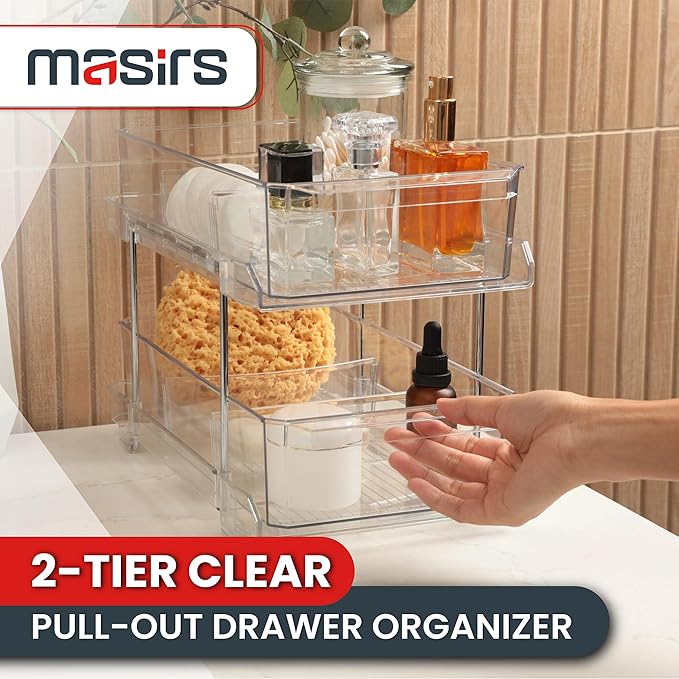 Masirs 2-Tier Clear Pull-Out Drawer Organizer - Sleek, Compact & Sturdy Makeup and Closet Organizer - Easy Assembly Kitchen S
