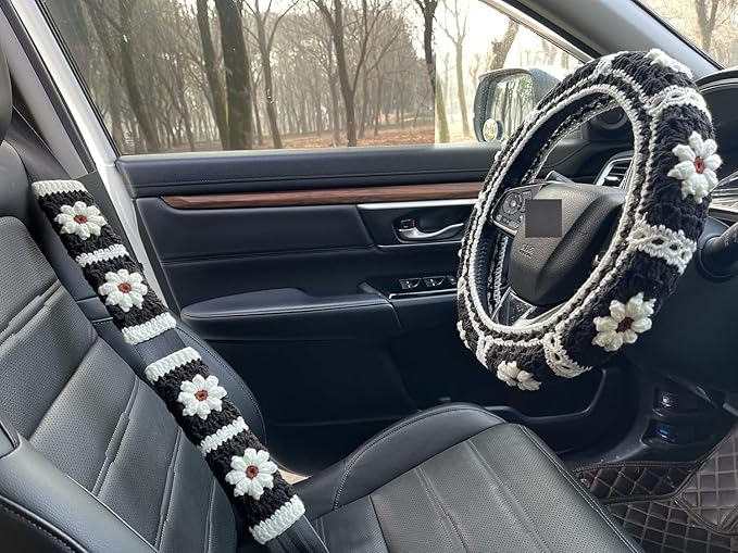 Daisy Crochet Steering Wheel Cover,Cute Seat Belt Cover,Women car Accessories (Black Wheel Cover+2 Belt Cover)