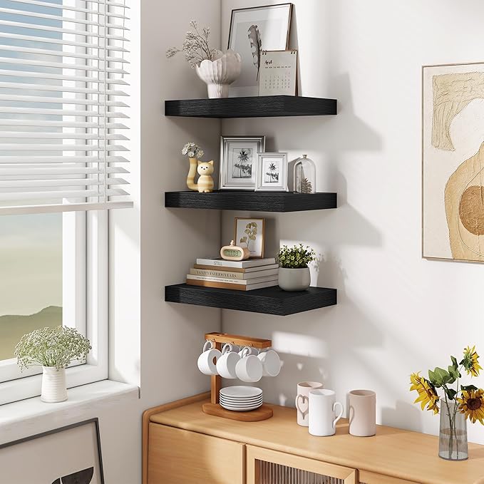 Fun Memories Black Floating Shelves for Wall - 10 x 16 Floating Shelf - Rustic Wood Storage Shelf - Wall Shelves with Invisib