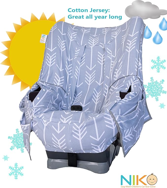 Niko Easy-Wash Children's Car Seat Cover & Liner - Cotton Jersey Gray & White Arrow Pattern - Universal FIT - Crash Tested - 