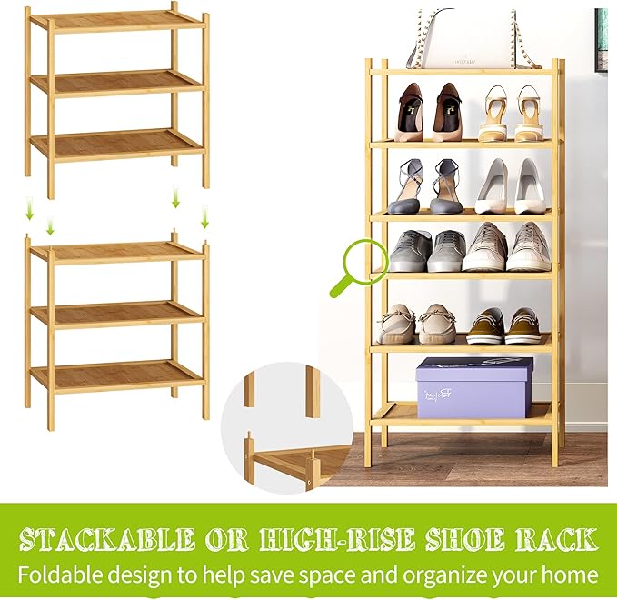 BMOSU 6-Tier Bamboo Small Shoe Rack Premium Stackable Shoe Shelf Storage Organizer for Hallway Closet Living Room Entryway Or