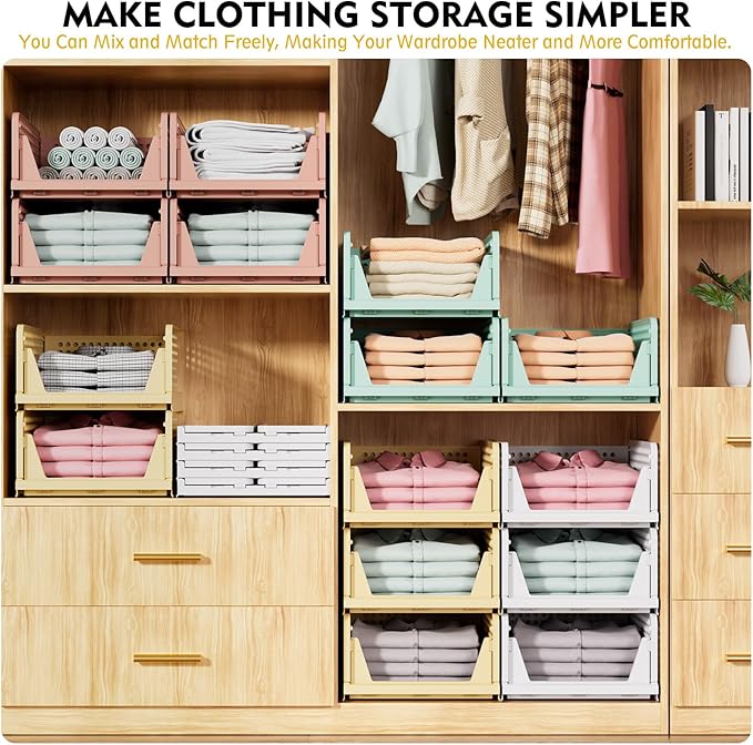 SNSLXH 5 Pack Stackable Closet Storage Basket, Multifunctional & Foldable Closet Organizer for Bathroom Kitchen Laundry Room 