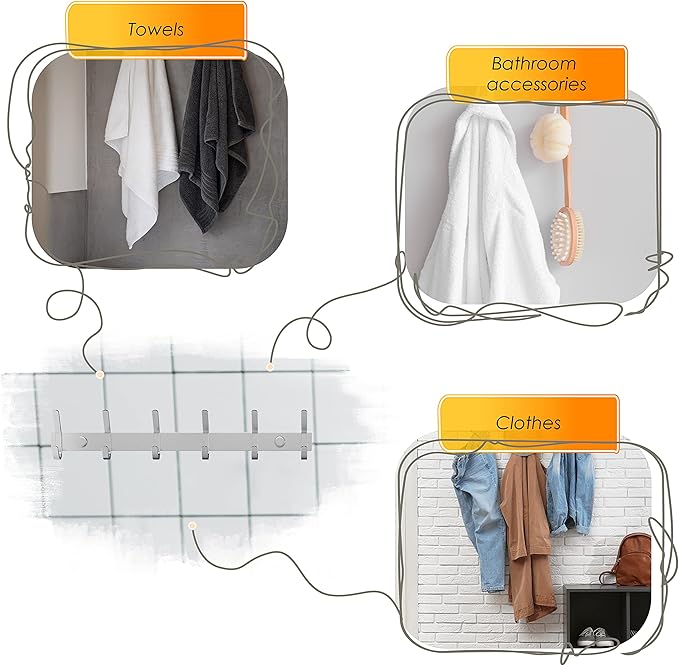 Coat Rack Wall Mount – Brushed Nickel 17 Inch Stainless Steel Hook Rail with 6 Heavy Duty Double Coat Hooks – Wall Mounted Co
