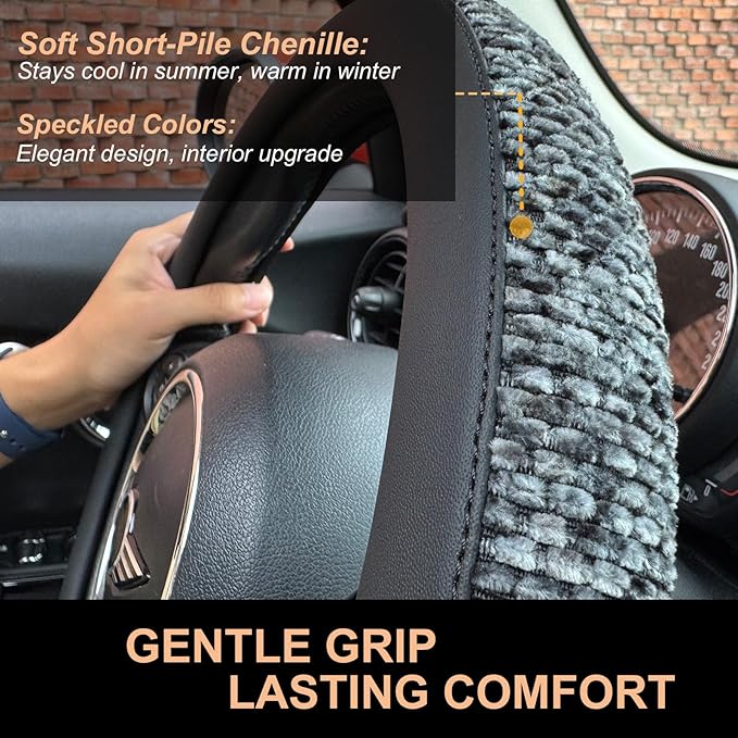 PINCTROT Chenille Leather Steering Wheel Cover, Soft Mottled Colors, Sweat-Proof, Non-Slip Grip, All-Season Comfort, Universa