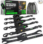 Rhino USA Retractable Ratchet Straps (4-Pack) - 1 Inch x 10 Feet (1,209lb Break Strength) - Auto Self Retracting Tie Down Straps for Truck, Cargo Trailer, Motorcycle, ATV, UTV - Black