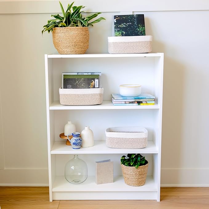 NaturalCozy 11.8"x8"x4.5” Storage Baskets for Shelves 3 Pack | Cotton Rope Woven Small Baskets for Organizing | Small Storage