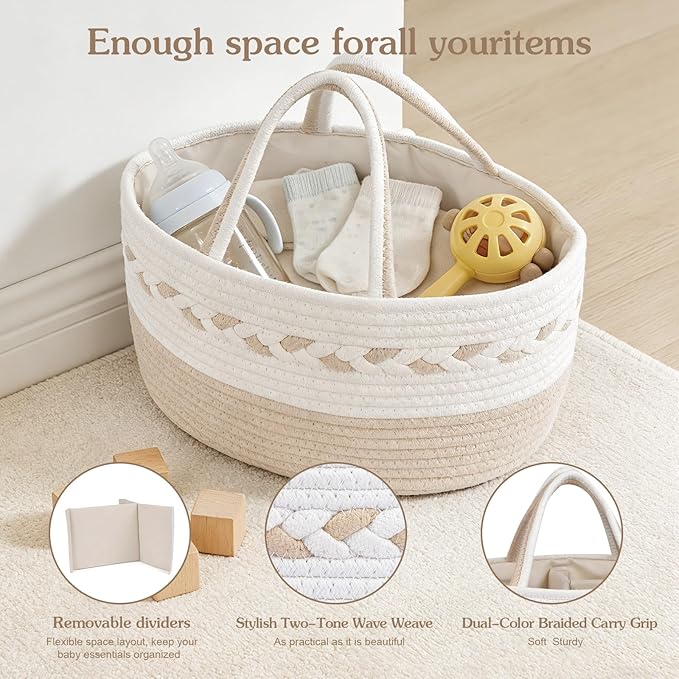Diaper caddy Organizer, Cotton Rope Gift Basket with Removable Divider, Nursery Storage Organizer for Baby Essentials, Changi