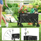 Collapsible Wagon Cart, 150L Heavy Duty Foldable Beach Wagon with Wider Wheels & Auto-Rebound Handle, Utility Grocery Shopping Cart for Garden, Shopping, Camping, Sports, Black