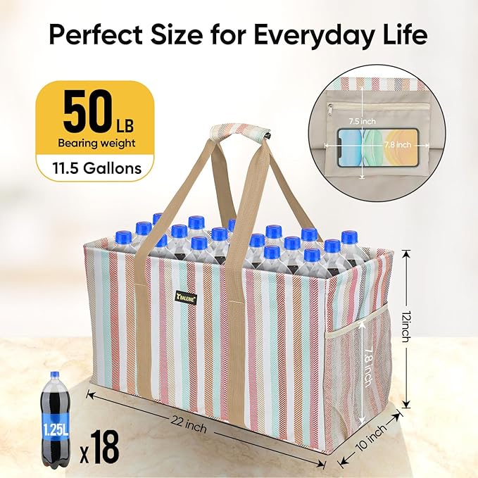 BALEINE Extra Large Utility Tote Bag with Reinforced Wire Frame, Reusable Grocery Bag for Shopping, Picnic (Color Stripe, 22''x12''x10'')